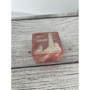 Vintage Small Mini INCOLAY BOX Stone Pink Lighthouse Birds Boat